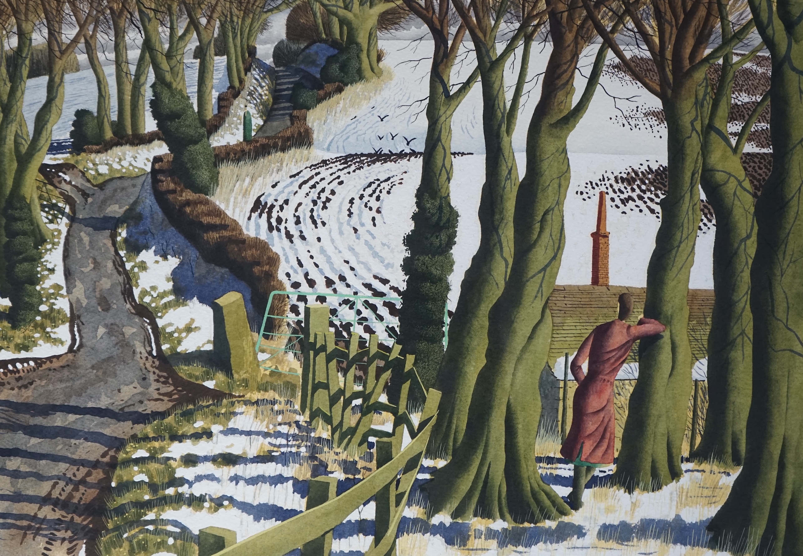 Simon Palmer (English, b.1956), 'Wendy watches, while winter thaws', watercolour, 34 x 49.5cm